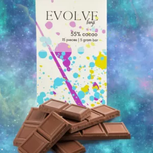 Vegan cosmic mushroom chocolate bar with galaxy wrapper by Evolve Fungi