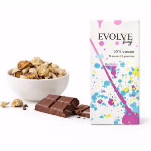 Evolve Fungi 55% cacao mushroom chocolate bar with packaging and chocolate pieces